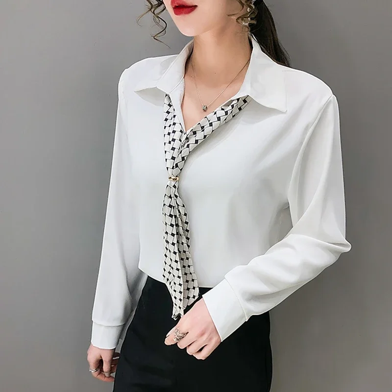 Autumn Winter White Chiffon Blouses Women Korean Fashion Clothing Causal Blusas Elegant Loose Blue office Ladies Tops Shirts