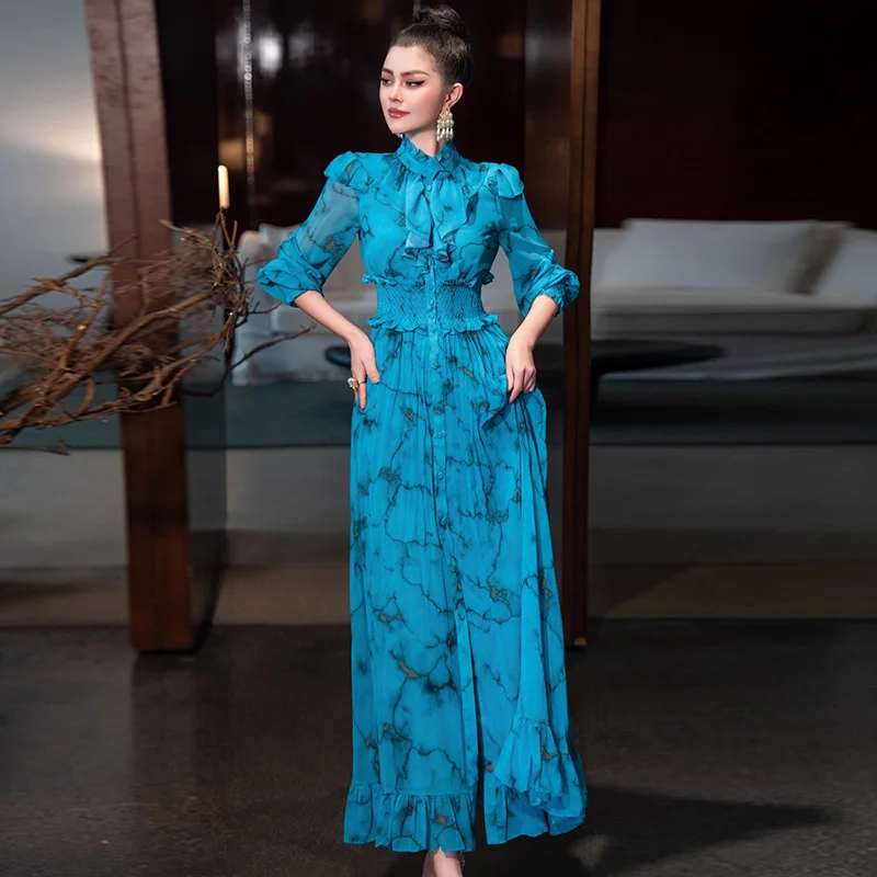 

ZJYT Elegant Ruffles Patchwork Long Dresses for Women Elastic Waist Single Breasted Blue Print Maxi Holiday Dress Spring 2025