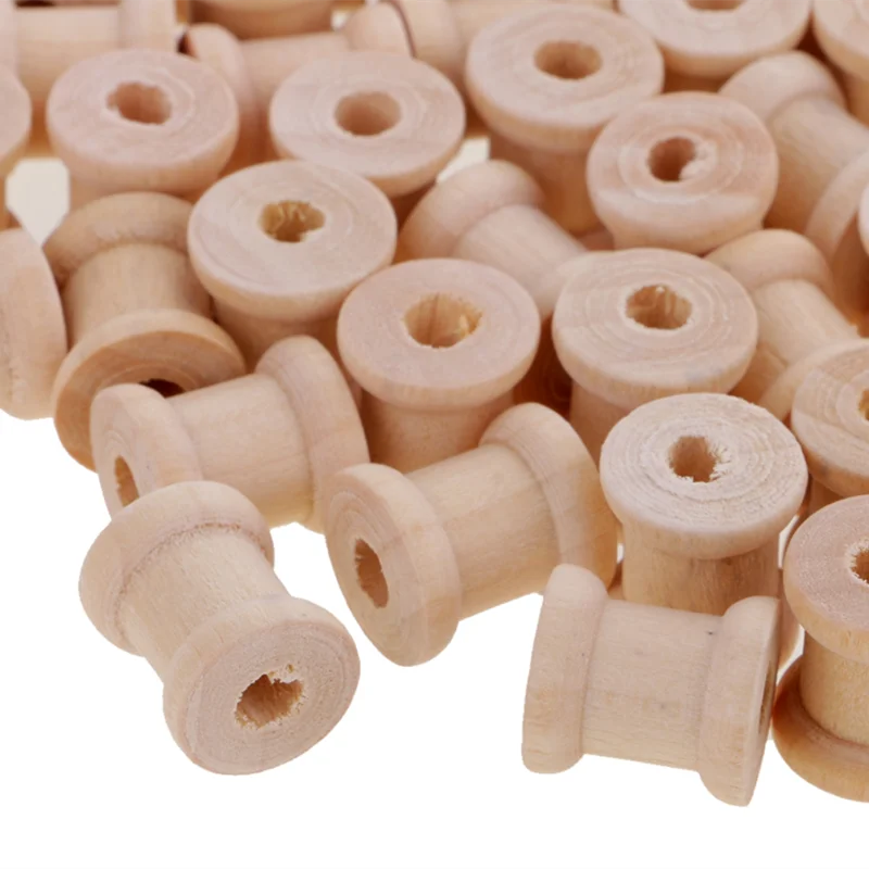 New 100PCs Empty Wooden Bobbin Spools For Thread Wire Natural Color Needlework 14mmx13mm