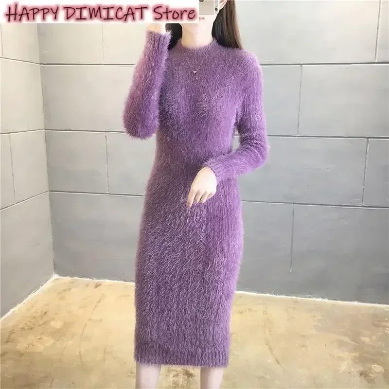 Mink Cashmere Dresses for Women, Knit Sweater, Pullover Dress, Imitation Slim, Casual, Female Fashion, Spring, Autumn, New