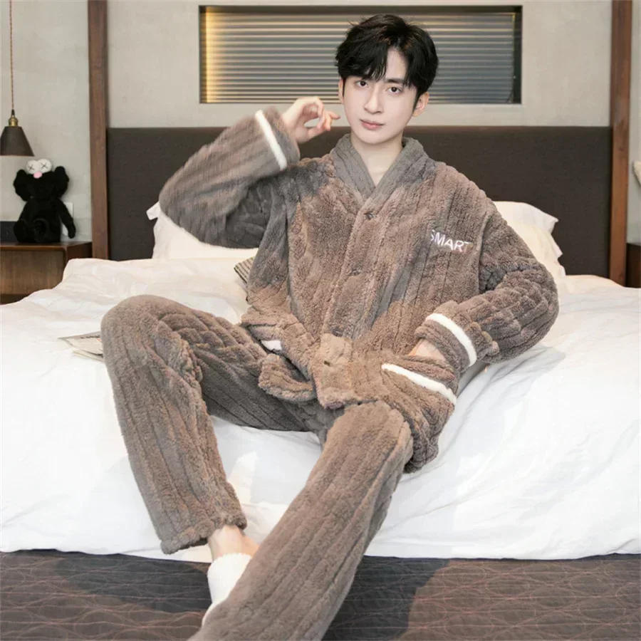 2024 New Men Winter Warm Flannel Pajamas Set V-neck Fluffy Coat + Long Pants Male Sleepwear for Sleeping 2 Pieces Housewear 3XL