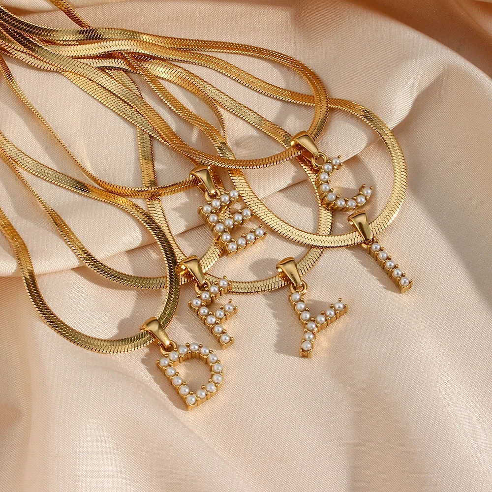 E.B.belle Stainless Steel Herringbone Chain Matched Simulated Pearl Alphabet Pendant Necklace 18K Gold Plated Letter Necklace
