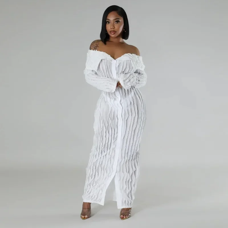 GUWU Sexy Off the Shoulder Birthday Bodycon Maxi Dress Women Slash Neck Button-up Wave Striped Night Party Long Dresses Clubwear