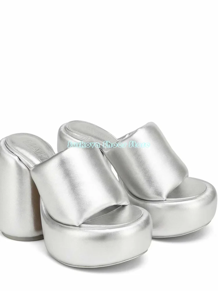 Block Heel Gold Platform Slippers Open Toe Slip On Solid 2024 Summer Women Dress Shoes Chunky Heel Fashion European Silver Rosy