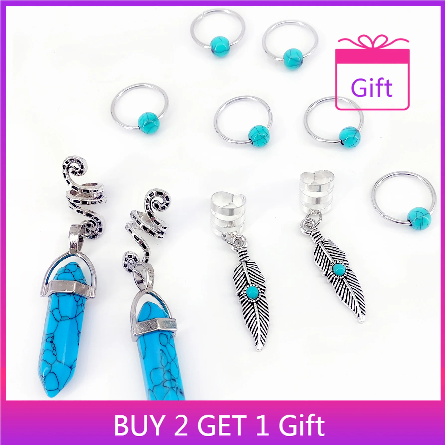 

Handmade Alloy Braid Rings Set Turquoise Feather Dreadlock Decor 10pcs Hair Accessories for Women Braiding Jewelry