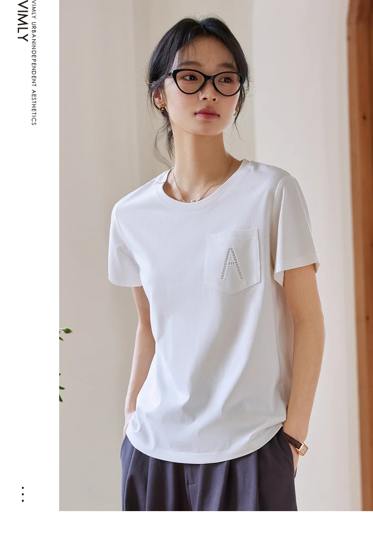 VIMLY Women Summer Black Top Ladies Short Sleeve Basic T Shirt Simple Pocket Design Letter Cotton Knit Tops for Woman   A1077