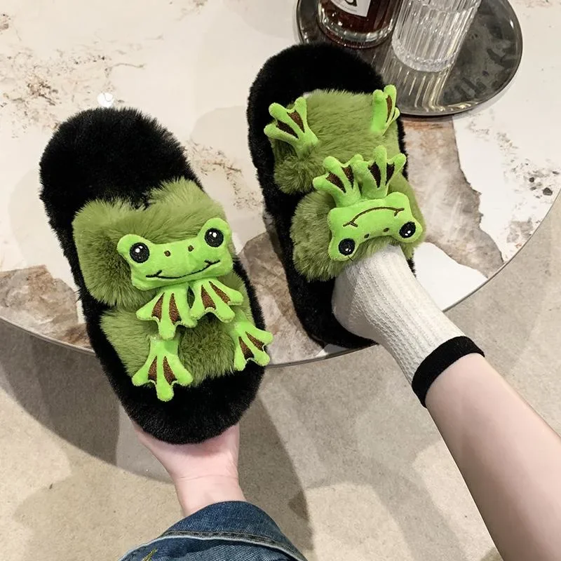 

Women's Furry Slippers Office Outer Wear Thick Bottom Frog Fashion Cotton Slippers House Slippers Soft Slipper Socks Woman Men