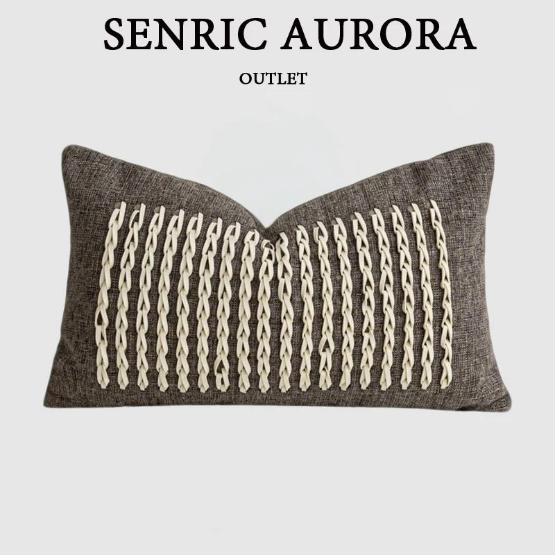 Luxury Cushion Cover 30x50cm Coffee Colored Cotton Linen+Suede Chain Woven Waist Pillow Case For Home Hotel Bed Living Room Sofa