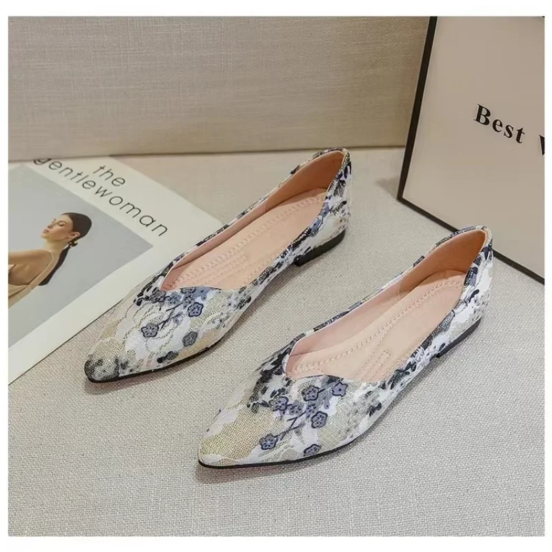 2023 Summer Fashion New Soft-soled Flat Shoes Retro Pointed Shoes Flat Print Elegant Casual Daily Women Shoes Moccasine Zapatos