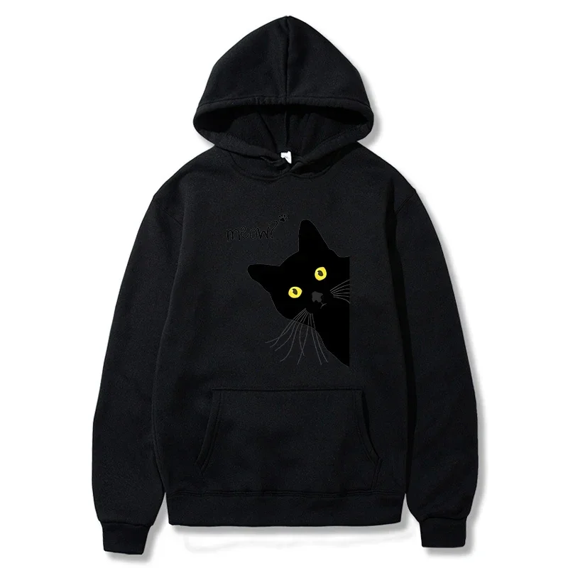 Meow Black Cat Funny Printing Men Breathable Tee Clothes Women Hoodie Streetwear Tops Oversized Loose Long Sleeve