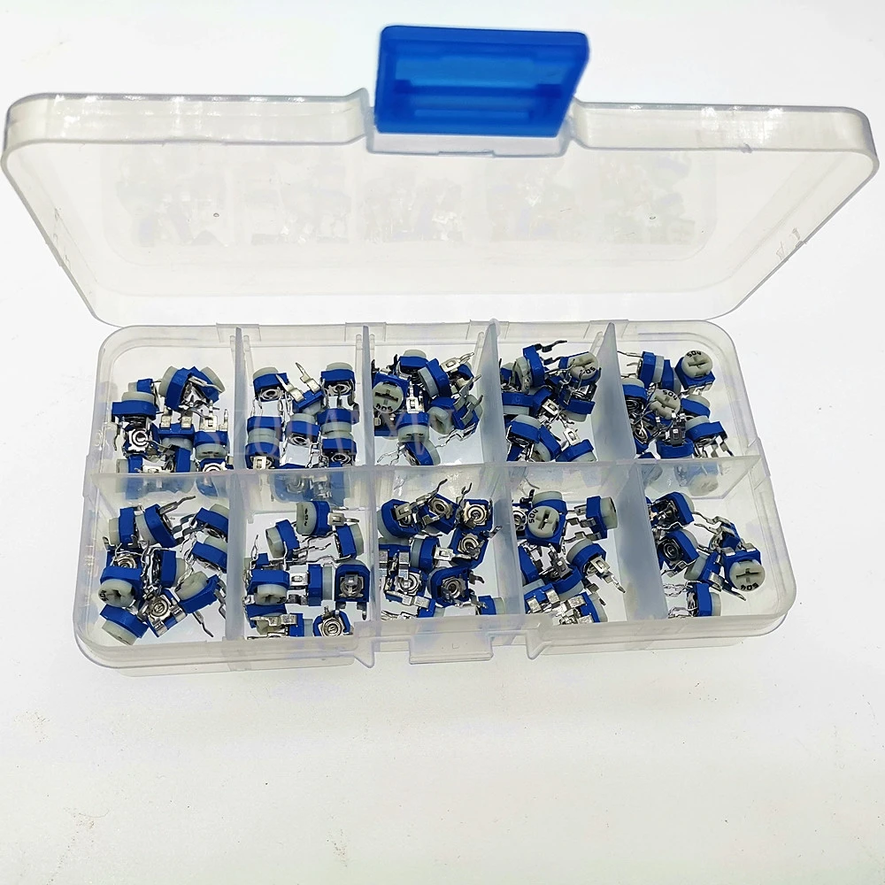 100Pcs/Box RM065 Carbon Film Horizontal Trimpot Potentiometer Assortment Kit 10 Values Variable Resistor 500R - 1M