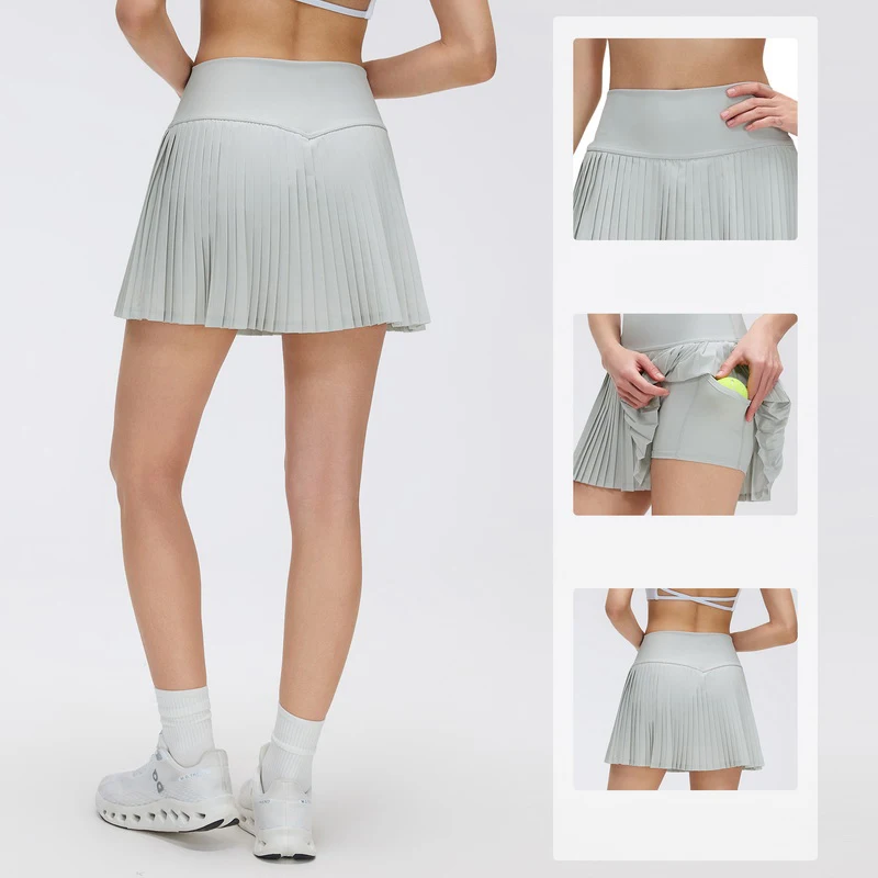 Women's High Waist Pleated Sports Skirt, Quick Dry Tummy Control Skort, Double Layer with Pocket, Three-Point Mini Skirt for Ten