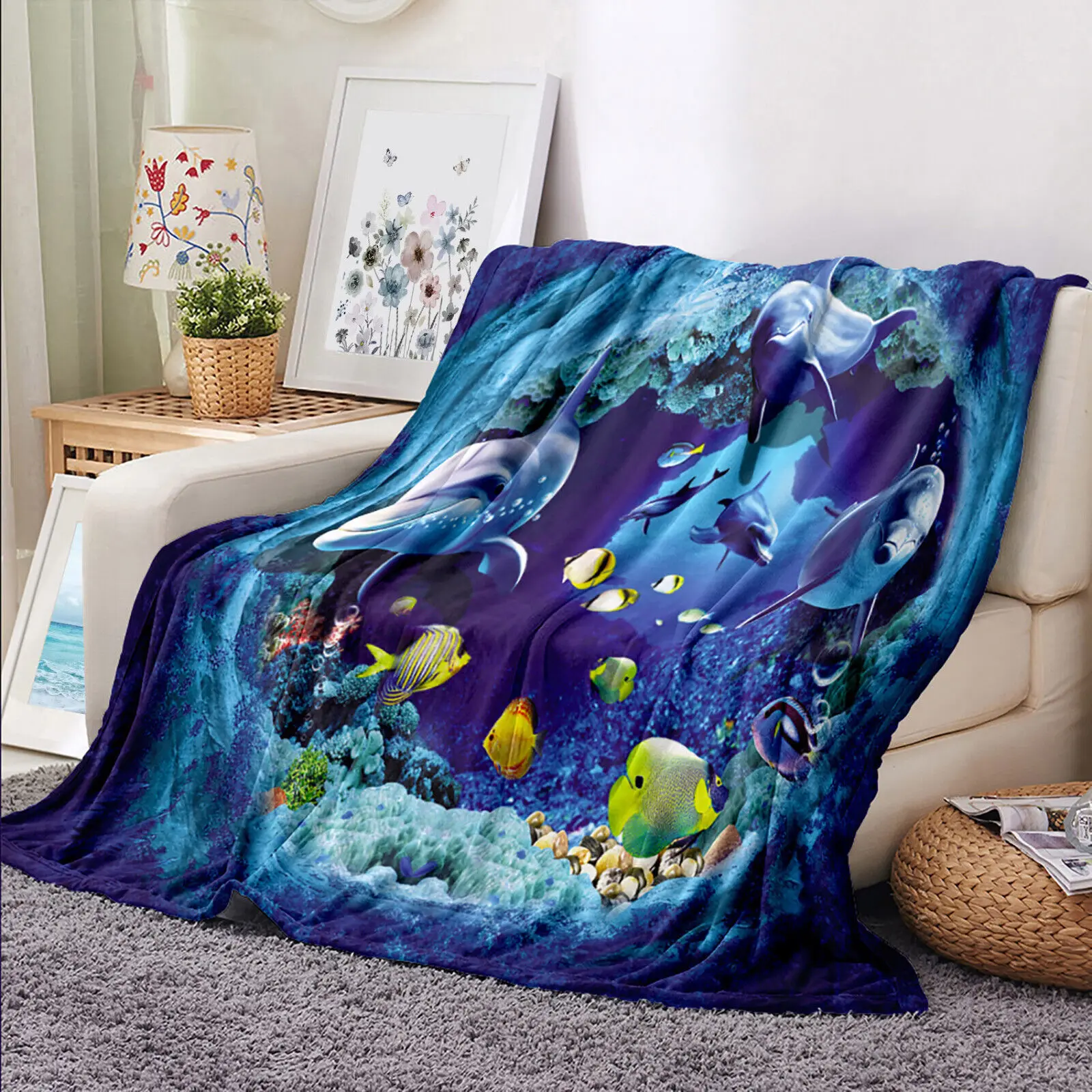 

Ocean Scenery Tropical Fish Blue Dolphin Throw Blanket for Couch Bed Sofa Office