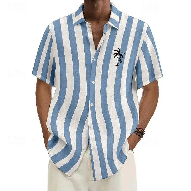 2025 Hawaiian Shirt Men's Summer New Coconut Tree Striped Short Sleeve Shirt Tops Casual Popsicle Shirt Button polyester Clothes