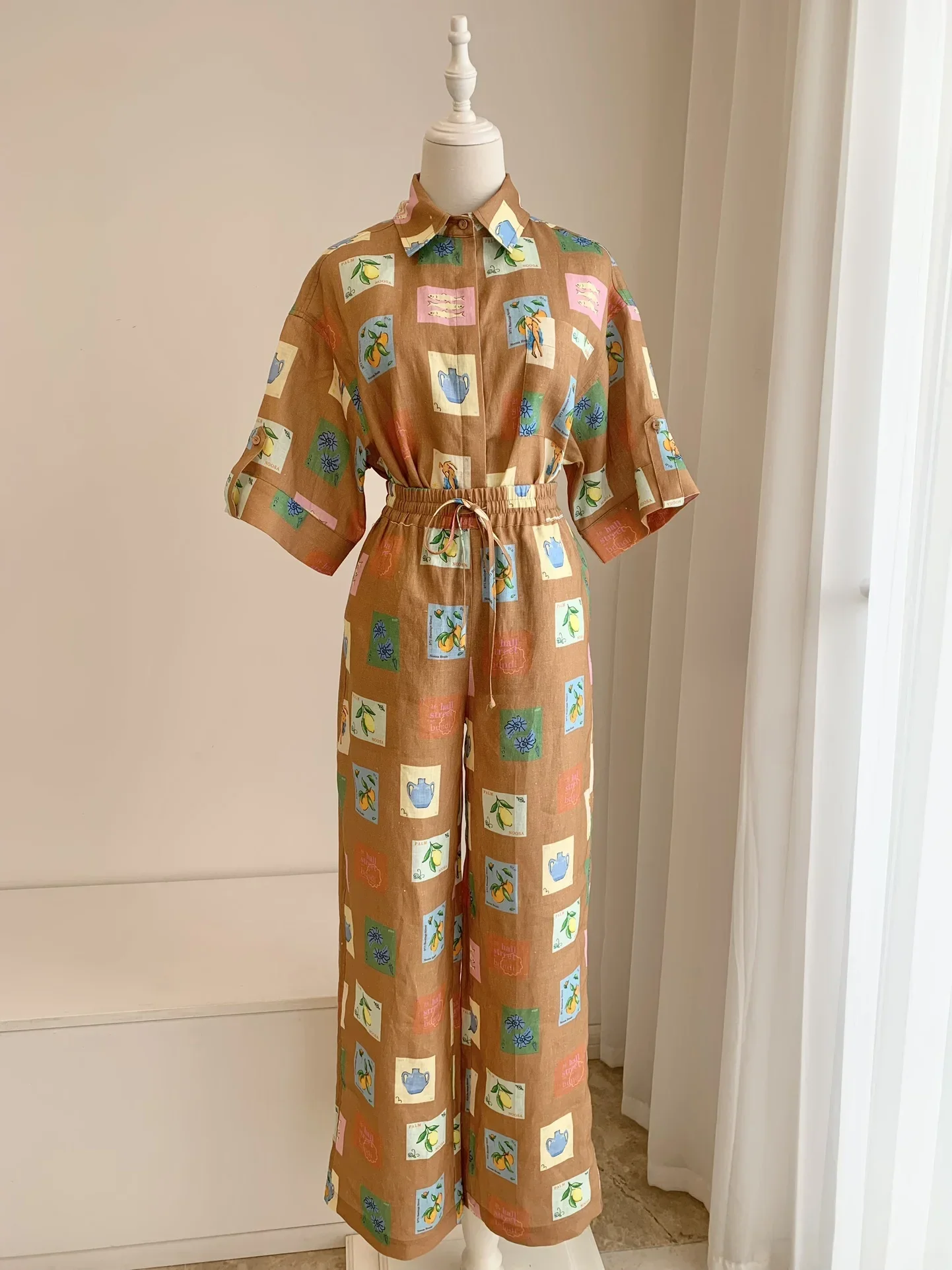 Women Printed Turn-down Collar Short Sleeve Blouse or Elastic Waist Long Pants Streetwear Women Y2k Pants