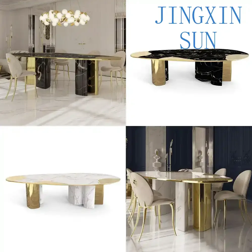 Pure Copper Hand-Inlaid Luxury Marble Oval Dining Table for Home Restaurant Office Living Room Large Size Stainless Steel
