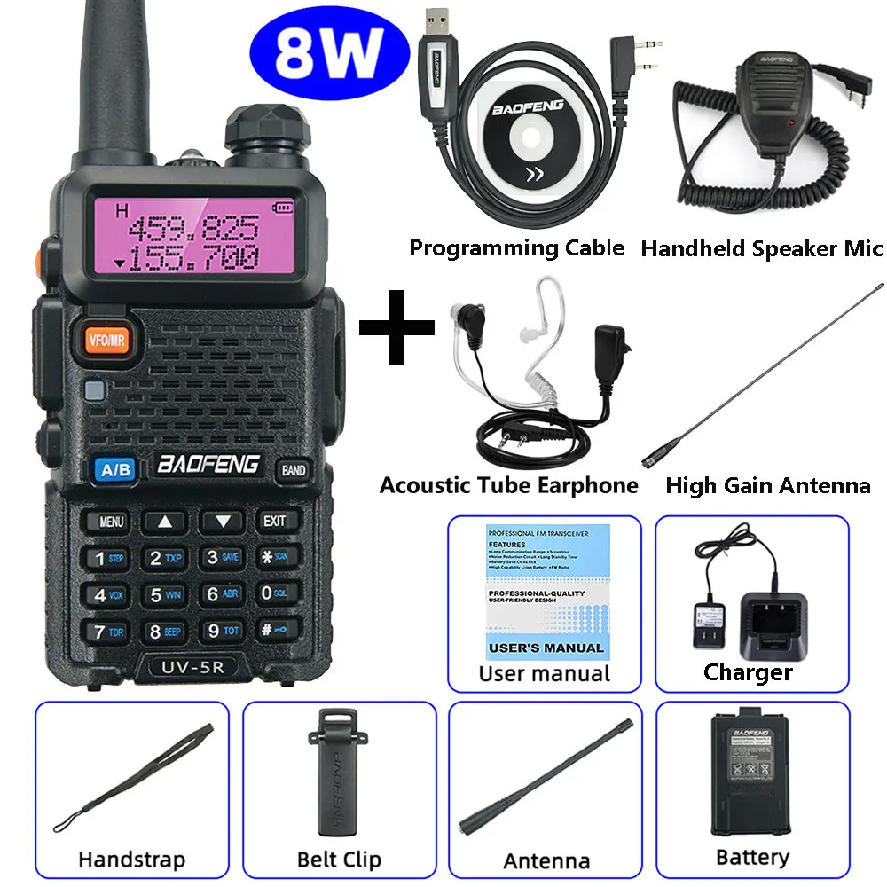 BaoFeng UV-5R Walkie Talkie 5W/8W Tweeweg Radio Commutator VHF/UHF 136-174MHz & 400-520MHz Station Ontvanger Ham Draadloze Set