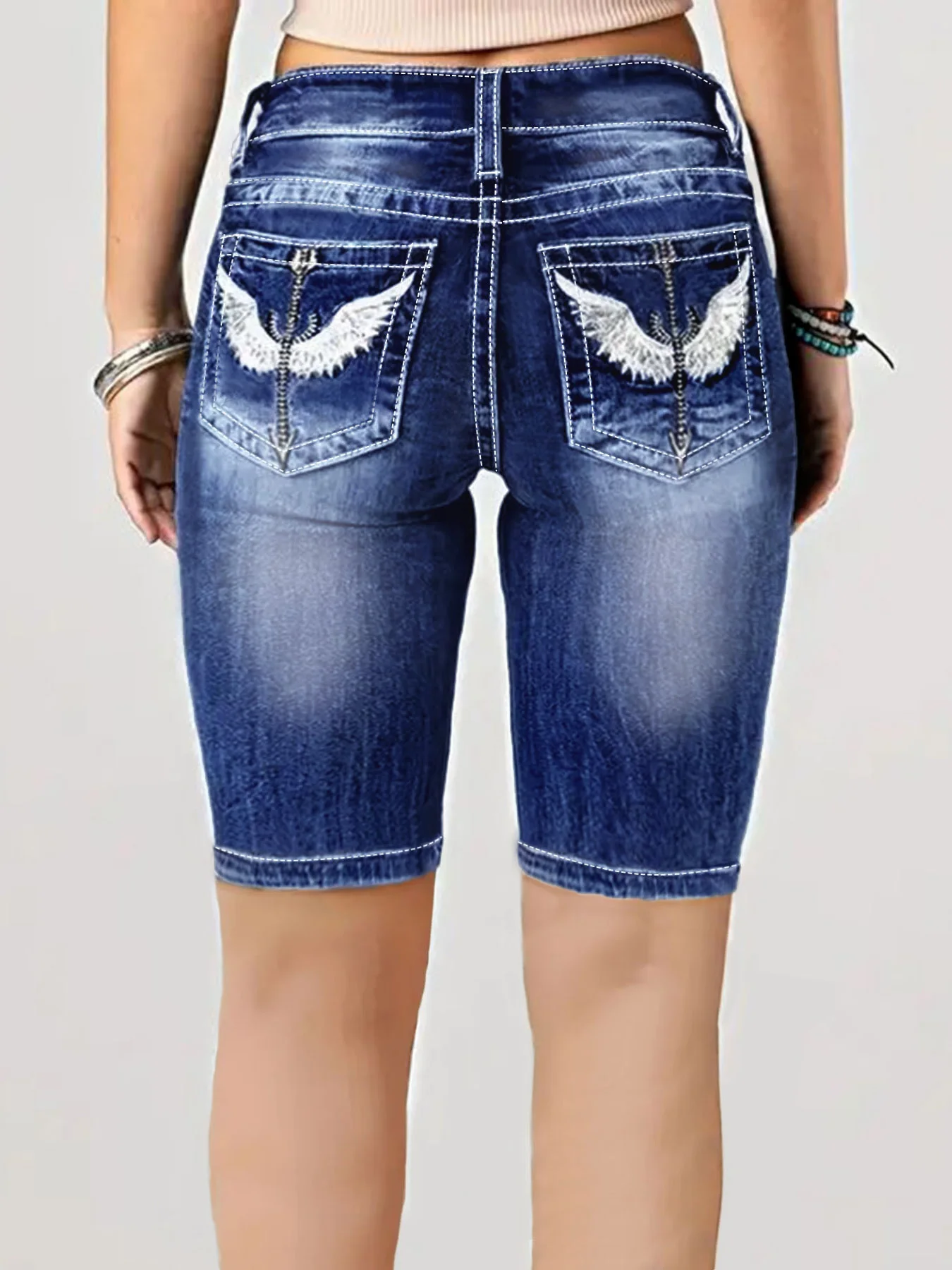 Pantalones Cortos de Mezclilla Azul Oscuro Lavado para Mujer, Tallas Grandes, con Bordado de Ancla, Elásticos, Levanta Glúteos, Estilo Retro Americano, Pierna Recta