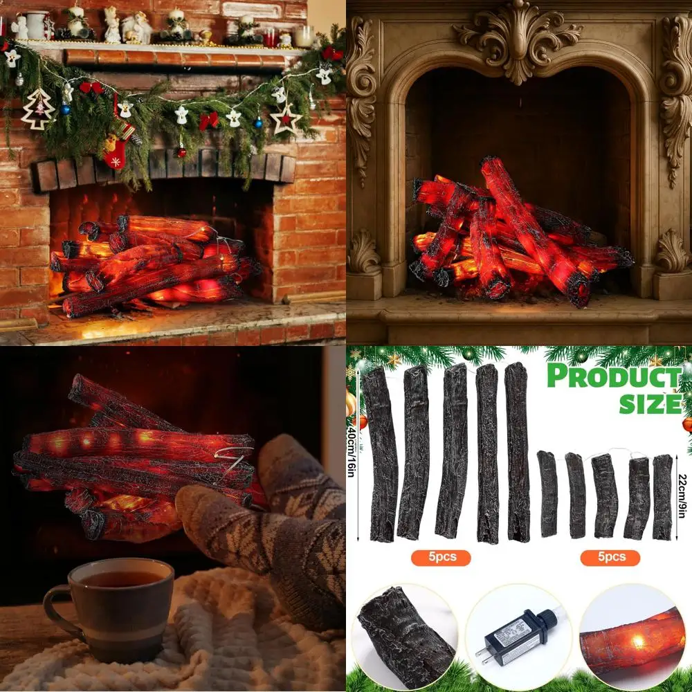 مجموعة مصابيح سجل الحريق LED المحمولة - 10 قطع 8.7 × 16 مدفأة وهمية تعمل بالبطارية للديكور الداخلي والخارجي