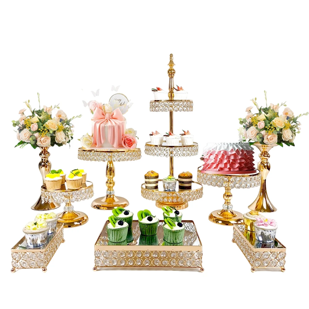 

6Pcs-9PcsCake Stand Set with Crystal Beaded Mirror Metal Dessert Table Display Stands Cupcake Holder for Birthday Party Festival