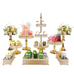 6Pcs-9PcsCake Stand Set with Crystal Beaded Mirror Metal Dessert Table Display Stands Cupcake Holder for Birthday Party Festival