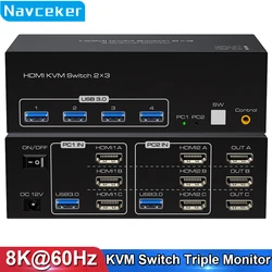 Navceker 8K 60Hz Triple HDMI USB 3.0 KVM Switch 3 Monitors 2 Computers 4K 120Hz 2x3 Triple Monitor KVM Keyboard Mouse Switcher