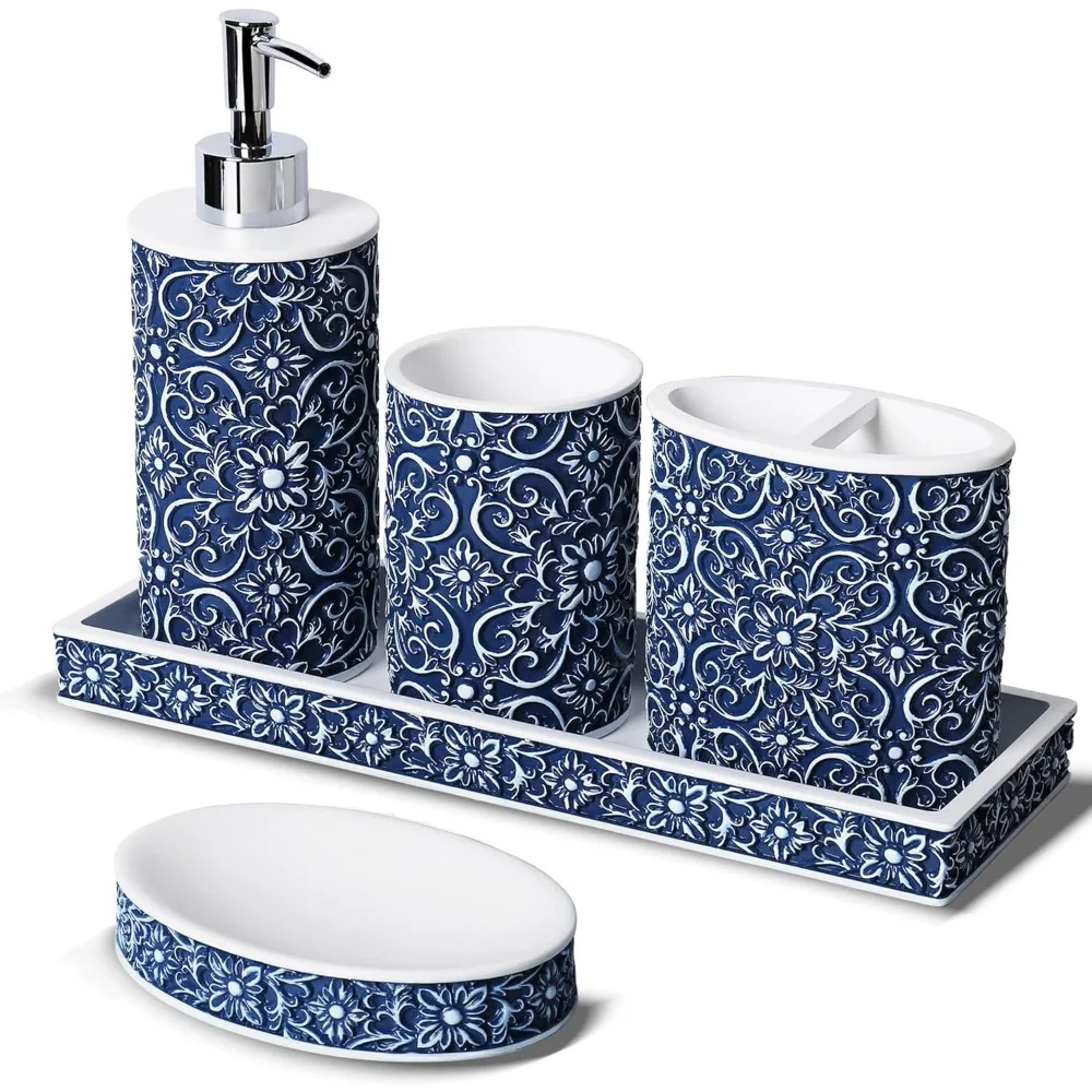 

Набор аксессуаров для ванной комнаты, элегантный цветочный узор ручной работы, набор аксессуаров для ванной комнаты из 5 предметов, дозатор мыла, держатель для зубных щеток, qtip