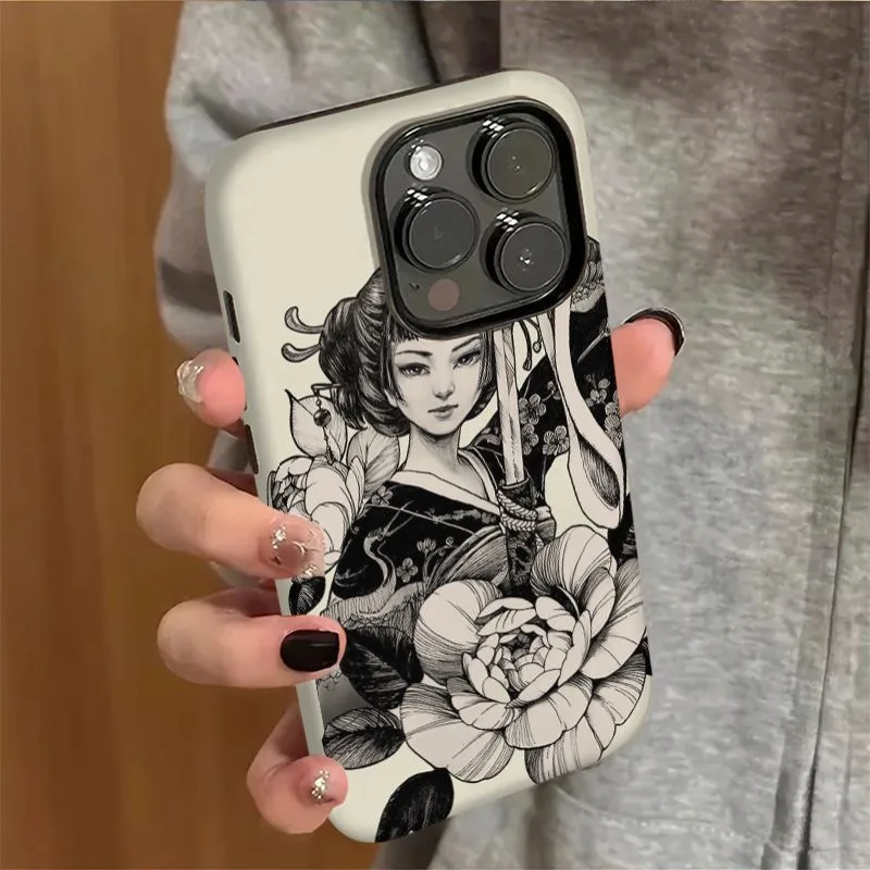 حافظة هاتف نسائية على الطراز الياباني كيمونو مع سيف وزهور لهاتف آيفون 17 16 15 14 11 12 13 Pro Max Air Plus غطاء خلفي