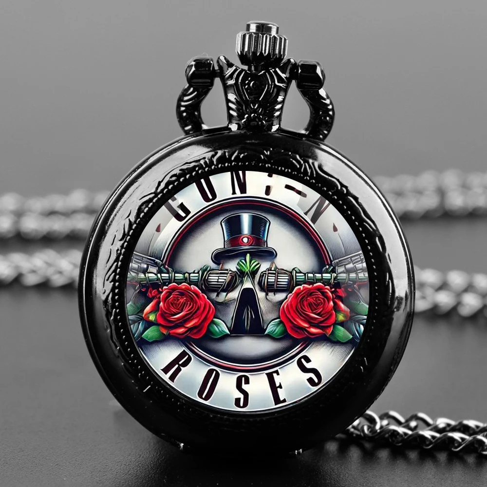Orologio da tasca vintage al quarzo Gun's N Roses Rock Logo Design Orologio da tasca Collana con ciondolo per uomo Donna Regalo di compleanno per bambini