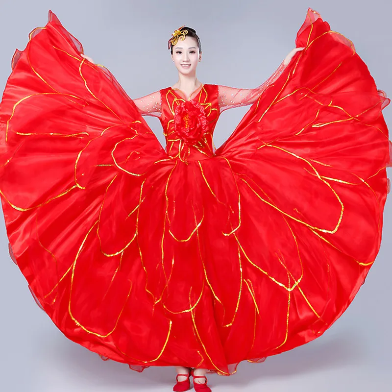 360 Degree Women Long Sleeve Spanish Flamenco Costume Bullfight Dance Dress Long robe fille Red Flamenco Dresses for Girls