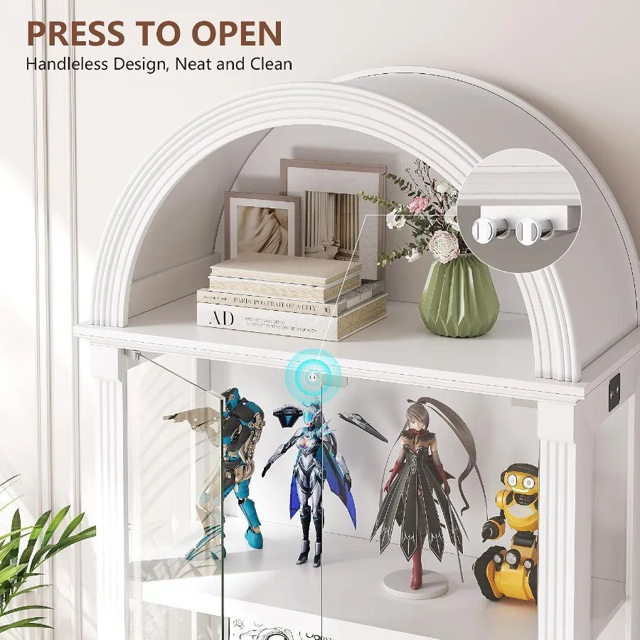 Arched Display Cabinet with Glass Doors, 72" Tall Curio Cabinet with Human Sensor Lights, 4-Tier Display Case for Collectibles view 3