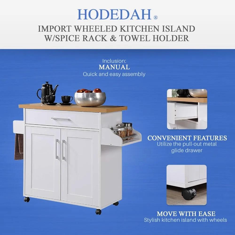 Hodedah Kitchen Island com Spice Rack, Toalheiros e gaveta, Branco com Faia Top, 15,5x35,5x39,9x35,2 polegadas