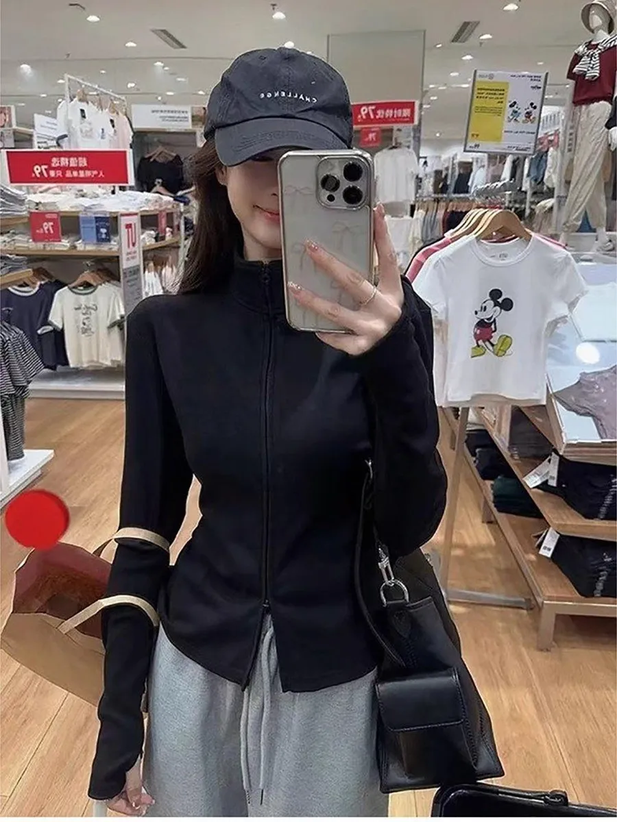 

Женская модная повседневная приталенная куртка с воротником-стойкой на молнии, с длинными рукавами, двойной молнией, универсальная, весенне-осенняя