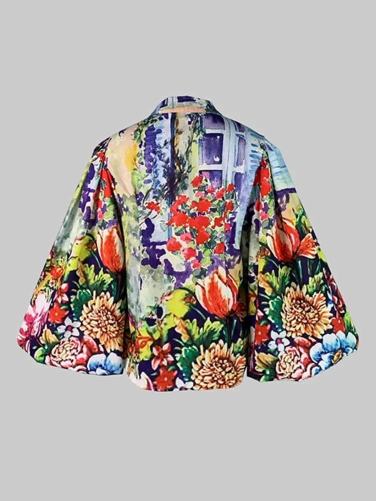 Yeezzi Bohemian Colorful Floral Printed Lapel Blouses for Women 2024 New Autumn Puff Sleeves Loose Casual Trendy Shirts Tops