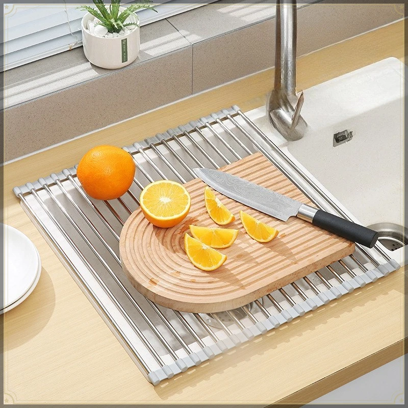 Roll Up Sink Drain Rack Stainless Steel Foldable Easy To Clean Rust Proof Strong Load Bearing Multifunctional Dish Drying Rack
