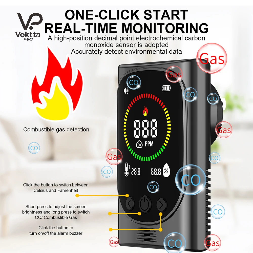 GC600 4 In 1 Plug In Carbon Monoxide Detector Combustible Gas Alarm Temperature Humidity Sensor High Preciion CO Gas Monitor
