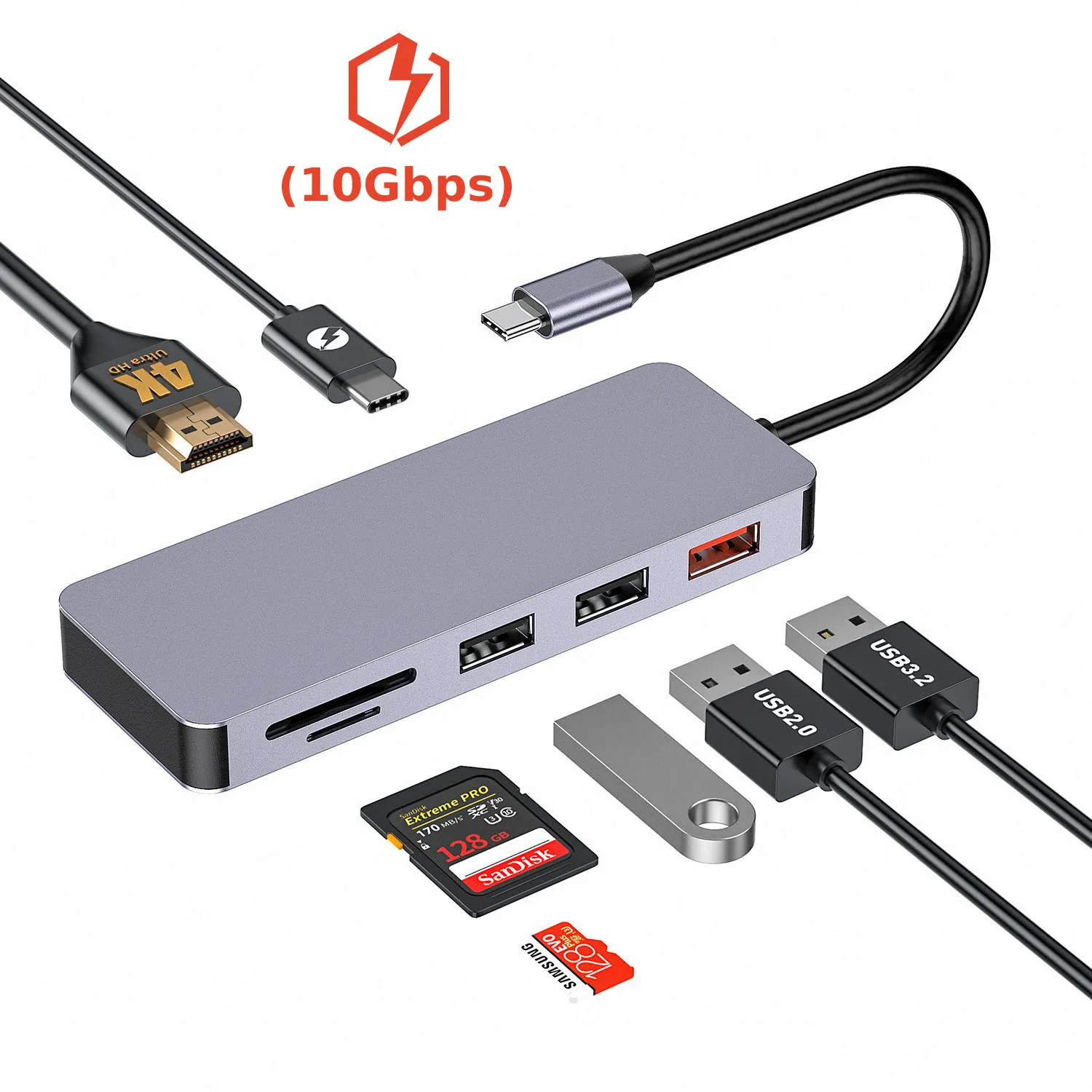 

7 in 1 10Gbps Type C Hubs Docking Stations USB 3.0 SD and Micro SD Card Slot to Expand Port for Macbook HP DELL Lenovo Huawei