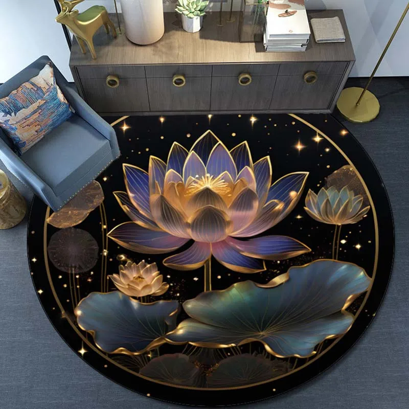 Luxury Gold Lotus Flower Round Rug Black Background Starry Sky Pattern Elegant Home Decor Artistic Floor Mat crystal fleece