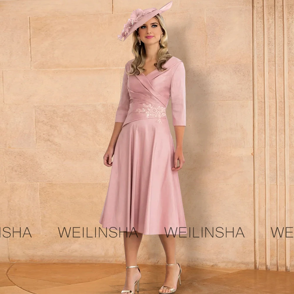 Pink Wedding Dresses Mother of the Bride Satin A-line Cocktail Party Dress V-neck Pleat Embroidery Ruched Formal Prom Dress Midi