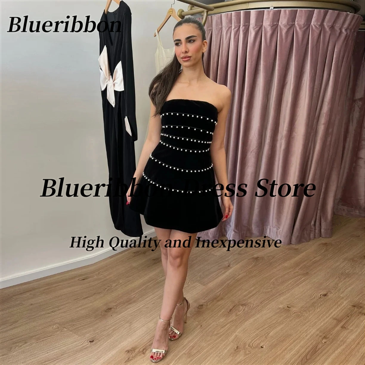 

Blueribbon Little Black Mini Prom Dresses Strapless Beading Luxury Cocktail Dress Sexy Back Short Evening Party Gowns Customized