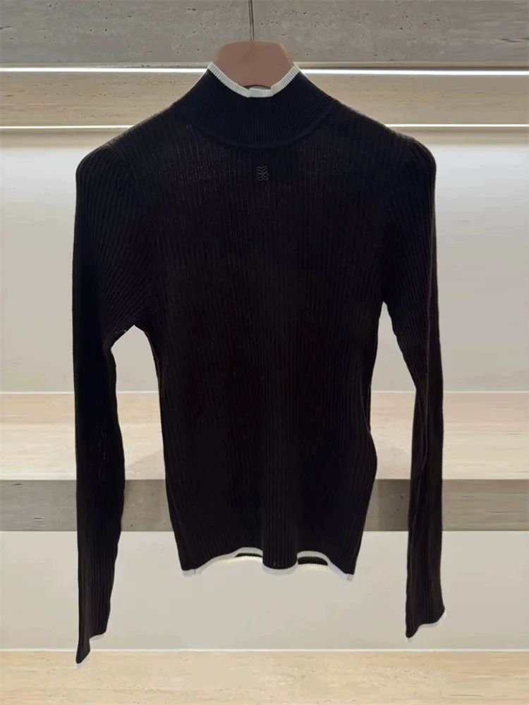 Pit Stripes Women Stand Collar Contrast Color Sweater Fall Winter Lady Half Turtleneck Slim Fit Fashion Pullover