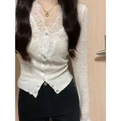 Spring Autumn New V-neck Long Sleeve Fashion Sweater Women High Street Casual Button Patchwork Cardigan Vintage All-match Tops