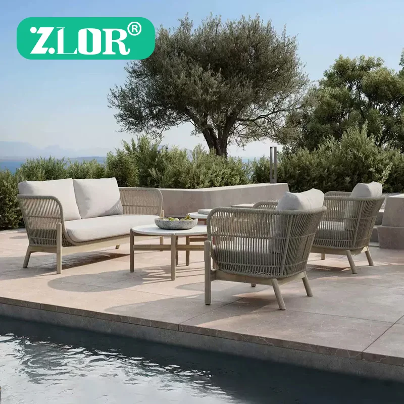 

Weather Outdoor Furniture Solid Teak Base Sofa Garden Furniture Rattan Sofa Set Villa Furniture Modern Set of 5 Pieces for Patio