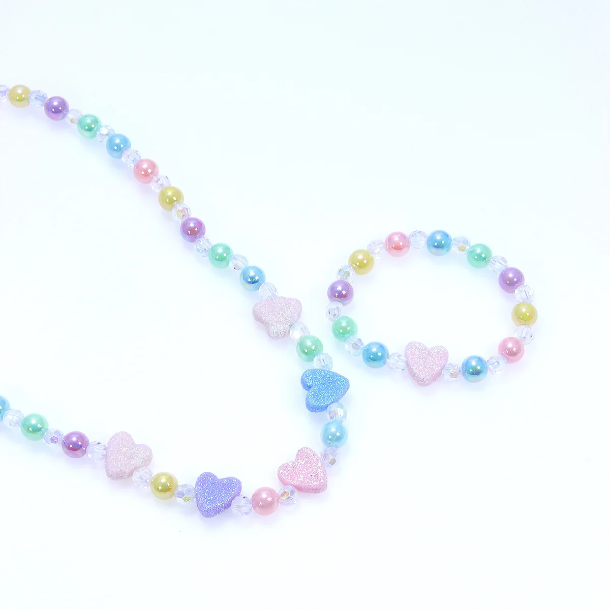 2pcs Girls\' heart-shaped decorated beaded necklaces and bracelets are worn daily throughout the four seasons in random