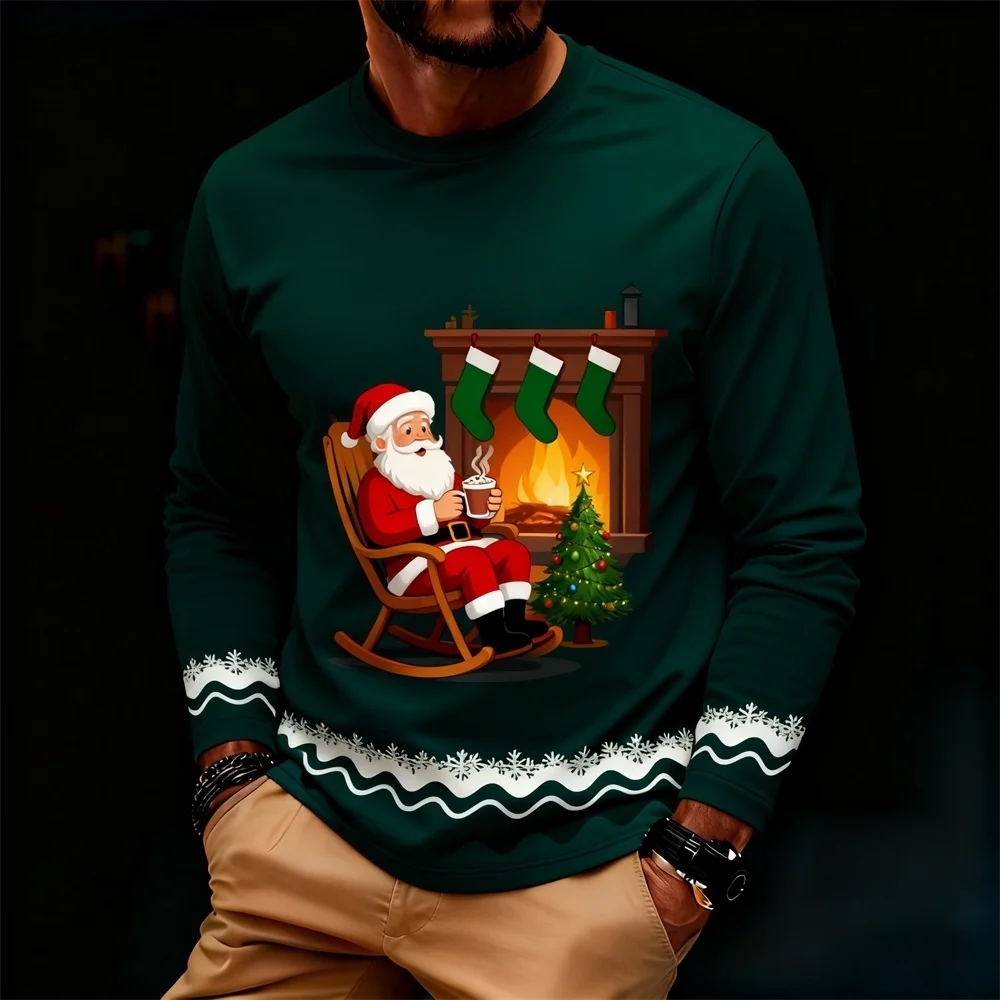 Christmas Men's Long-Sleeve T-Shirt Top 3D Santa Claus Design Stylish Streetwear Oversized Sweatshirt Holiday Party Attire