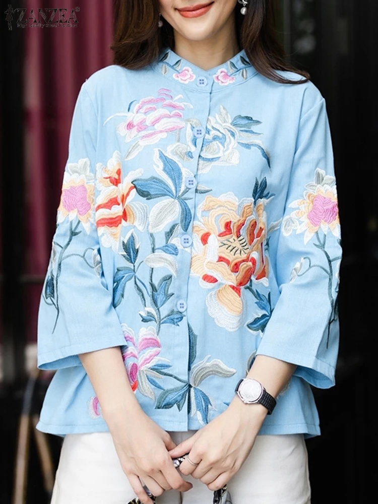 

ZANZEA Elegant Floral Print Shirts Women Casual Stand Collar 3/4 Sleeve Button Up Blouses 2025 Autumn Loose Chemises Femme