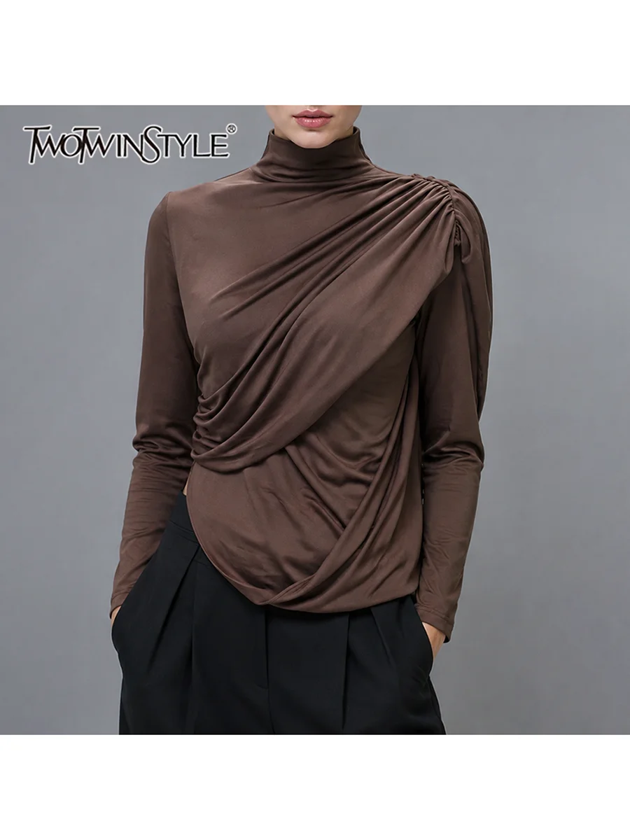 TWOTWINSTYLE Solid Spliced Draped Slimming T Shirt for Women High Neck Long Sleeve Patchwork Ruched Casual T Shirts Female Style