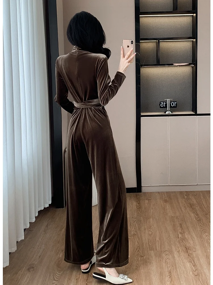 SMTHMA New Autumn Winter Celebrity Velvet Jumpsuit V-Neck Slimming High Waisted Tie Up Wide Leg Pants