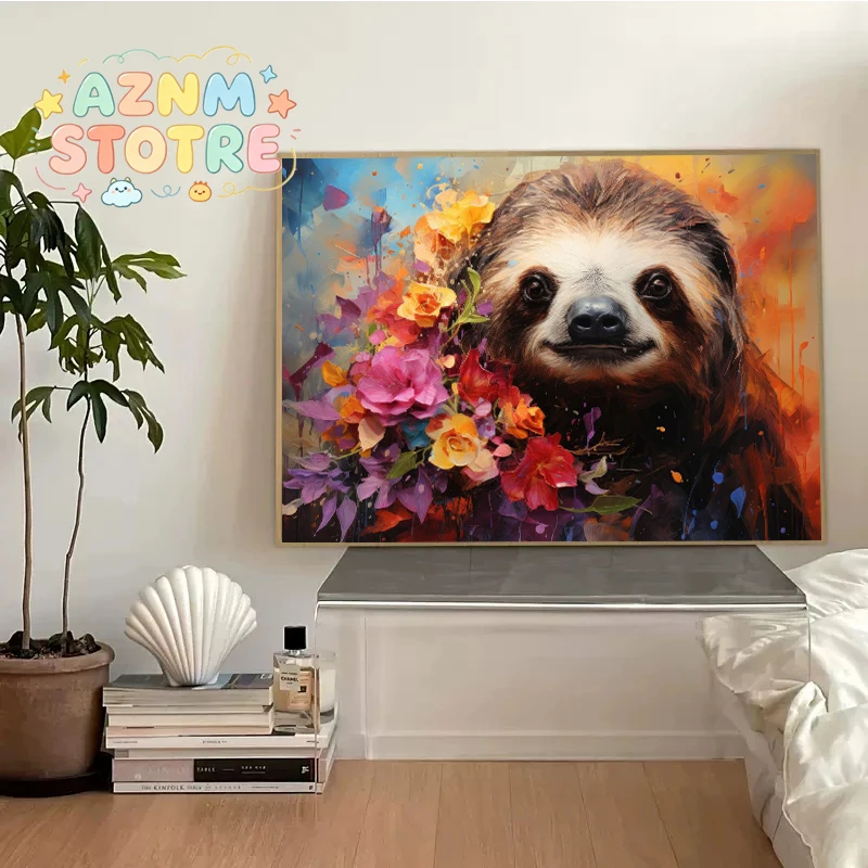 Cute Animal Sloth Flower Drink Poster Canvas Painting Print Funny Wall Art Picture for Kid Bedroom Home Decoration Gift Cuadr