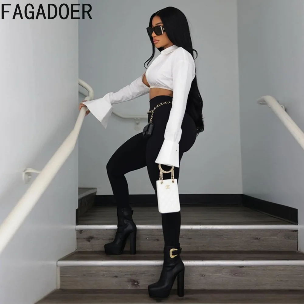 FAGADOER White Fashion Deep V Hollow Out Crop Shirts For Women Turndown Collar Flare Long Sleeve Slim Top Sexy Female Streetwear